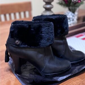 Anne Klein Black Heeled Boots with Fur Trim